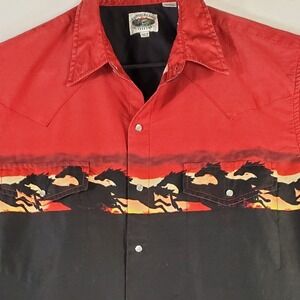 Cumberland Outfitters Mens XLT Western Pearl Snap Shirt Red Black Running Horses